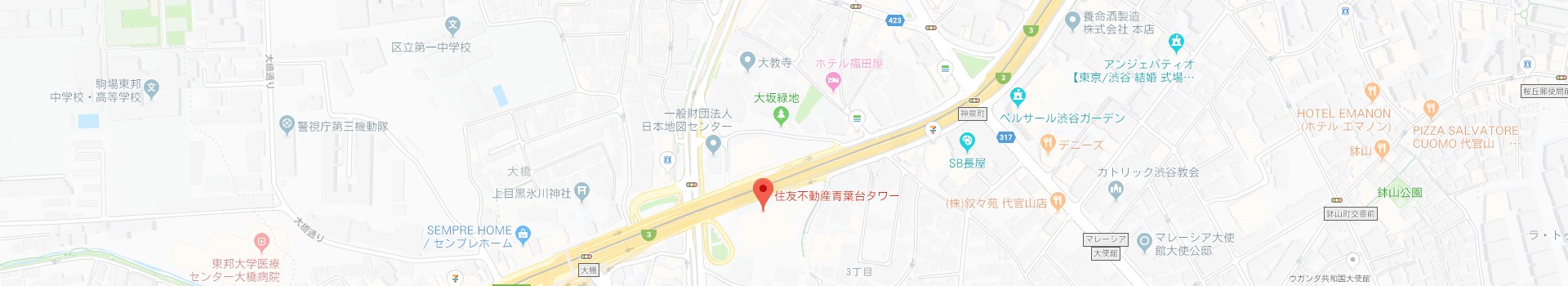 アクセスマップ:東京都目黒区青葉台3-6-28住友不動産青葉台タワー13F(受付)